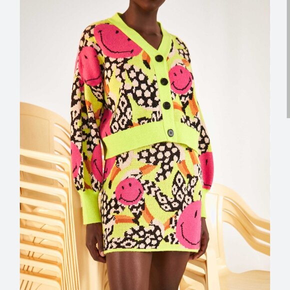 Farm x Smiley knit fun Vibrant Pink Yellow Patterned mini Skirt size XL NWT - Picture 1 of 5